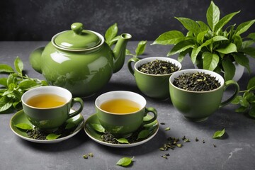 Green Tea Arrangement -  iron teapot and ceramic teacups with green tea and leaves