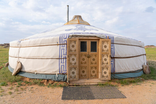 Asia, Mongolia, Eastern Gobi Desert. A typical ger found in Mongolia with its doors always facing south.