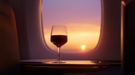 A glass of Burgundy sits quietly on a small table by the plane window, beautifully colored against the setting sun. The whole conveys an elegant and relaxed travel atmosphere.