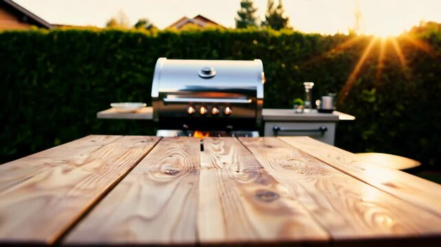 Summer sunset barbecue setup in a backyard with a grill and wooden table