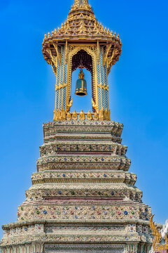 Porcelain Golden Bell Tower Ho Rakhang, Grand Palace, Bangkok, Thailand. built in 1800's Palace was home of King of Thailand from 1782 to 1925