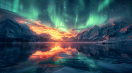 Obraz premium Aurora Borealis Over Snowy Mountains and Frozen Lake - Digital Illustration