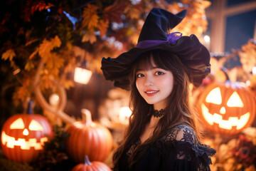 ハロウィンをテーマに魔女の仮装をしている若い日本人女性(美人モデル)