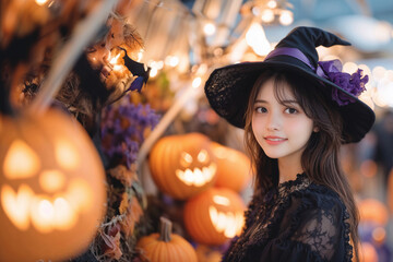 ハロウィンをテーマに魔女の仮装をしている若い日本人女性(美人モデル)