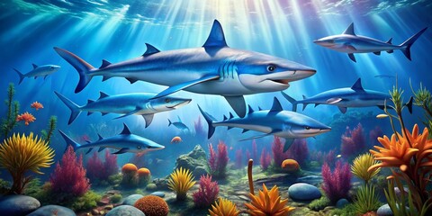 Fototapeta premium Underwater Reef with a School of Sharks, Digital Painting, Ocean Scene, Sunlight, Coral Reef, Shark, Ocean