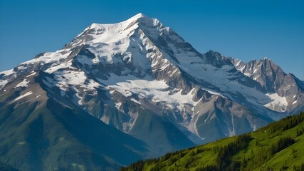 Fototapeta premium A majestic mountain range, with snow-capped peaks and lush green valleys, standing tall against a clear blue sky.