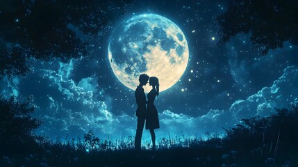 Anime Couple s Romantic Embrace Under the Full Moon s Glow