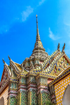 Colorful Porcelain Stupa Prang, Grand Palace, Bangkok, Thailand. One of eight towers for different Buddhist sects, palace was home of King of Thailand from 1782 to 1925