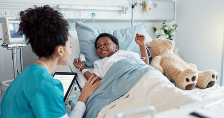 Tablet, nurse and black child patient in hospital for recovery of surgery for congenital heart...