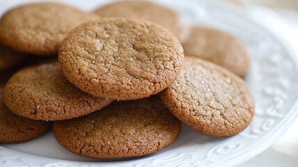Close-up of Stacked Ginger Cookies on White Plate