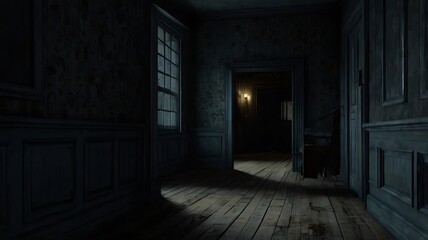 Image depicts a dimly lit, narrow hallway with a rustic and vintage style, clad in dark wooden panels, and the floor is made of aged wooden planks, adding to the antique ambiance