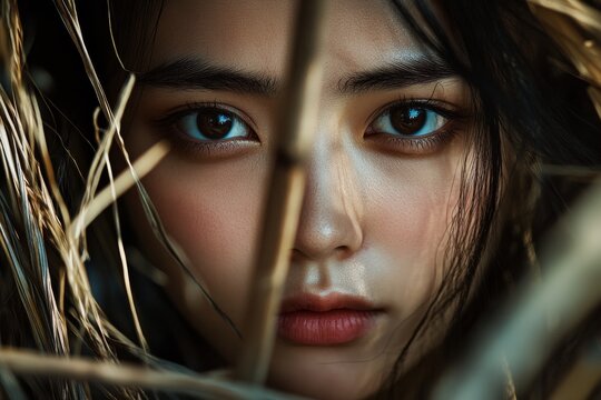 Close Up Portrait of a Woman with Dark Hair and Brown Eyes Behind Bamboo