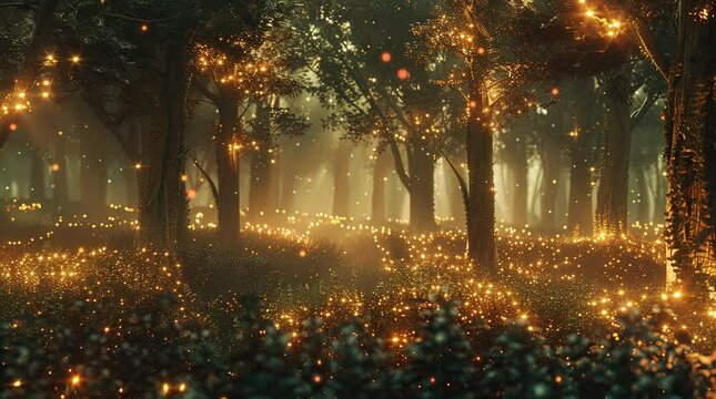 Magical fantasy forest at night illuminated by glowing fireflies creating a serene and enchanting atmosphere
  Seamless looping 4k time-lapse virtual video animation Generated AI