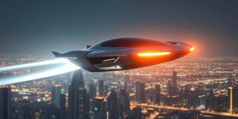 Fototapeta premium Futuristic Flying Car Hovering Above City Skyline