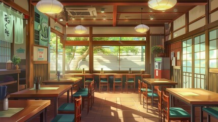 The warm atmosphere of an anime restaurant showcases wooden tables and chairs, bathed in afternoon light filtering through large windows