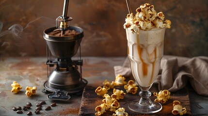 Sweet Milkshake with caramel syrup,cream liqueur,caramel popcorn and chocolate powder on brown background with vintage,manual coffee grinder. 
