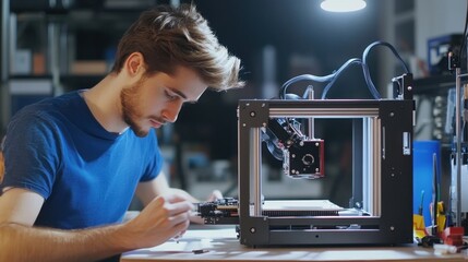 Man Working on 3D Printer in Workshop