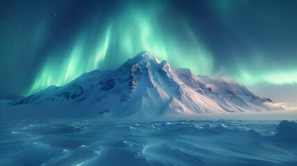 Fototapeta premium Snowy Mountain Range with Northern Lights - Realistic Image
