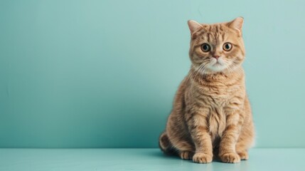 A Scottish Fold cat sits cutely on a light blue background, providing a tranquil setting with abundant empty space perfect for text or design additions.