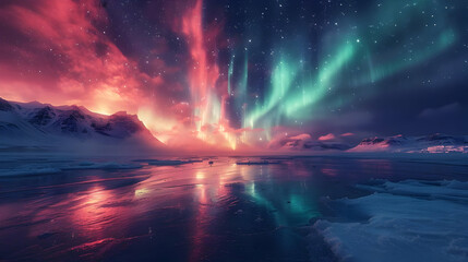 Aurora Borealis Over Snowy Mountains, Realistic Photo