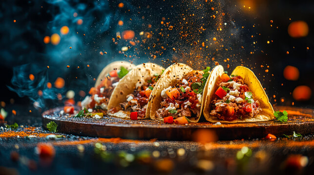 Delicious Mexican tacos with grilled chicken meat, corn, parsley, spices and tomato sauce on dark background. Latin American cuisine. Taco, tortilla, wrap. Top view. Mexican restaurant menu, recipe