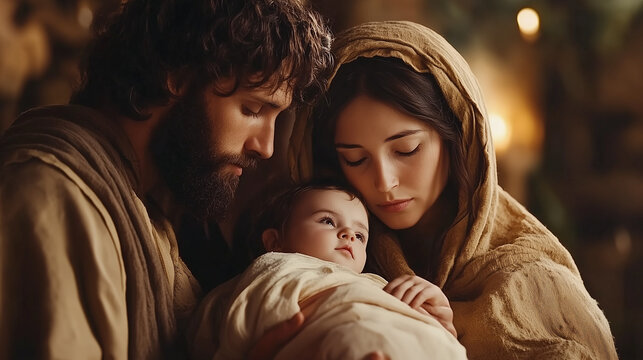 Cinematic birth of Jesus Christ. The Holy Family, Jesus, Mary and Joseph	