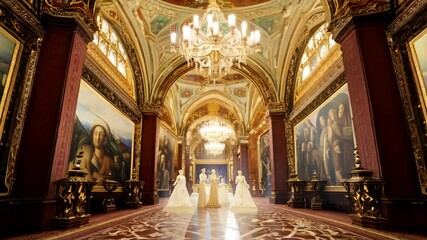 Elegant interior of a historic palace with grand chandeliers and stunning artwork