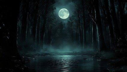 Eerie Moonlight Illuminates a Serene Forest Path Reflecting on Still Water