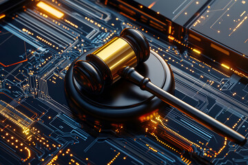 A legal gavel with artificial intelligence, symbolizing the intersection of law and technology.