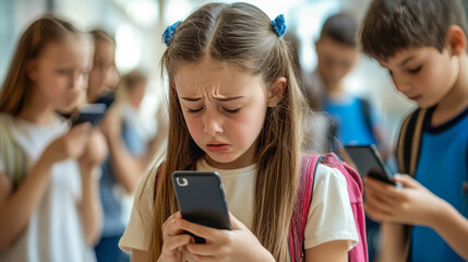 Cyberbullying, abuse concept. Pre-Teenage caucasian Girl Being Bullied By Text Message. Stressed, frustrated, overwhelmed with online bullying. schoolkids bullying schoolgirl online in classroom