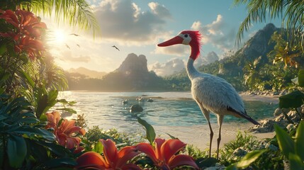 Tropical paradise with sarus crane at sunset