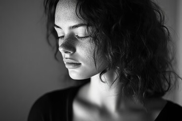 Black and White Portrait of a Woman with Freckles and Closed Eyes