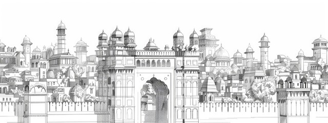 Indian city landscape, Sketch illustration.