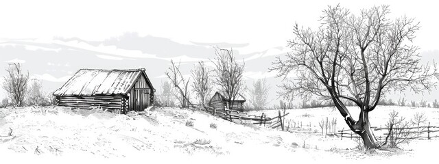 Fototapeta premium Winter farmer's field. Sketch illustration.