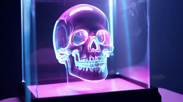 Illuminated crystal skull display with vibrant colors in an exhibit
