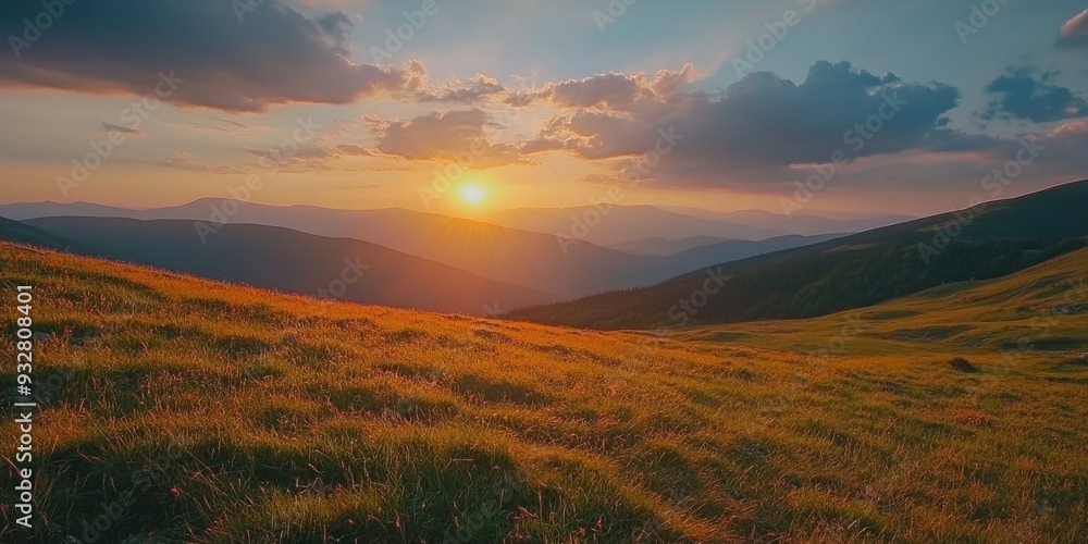 Sticker sunset over grassy hill