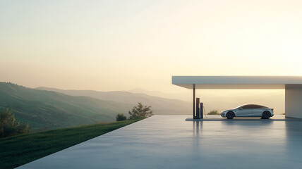An electric vehicle at a modern, minimalist charging station in a peaceful, scenic countryside