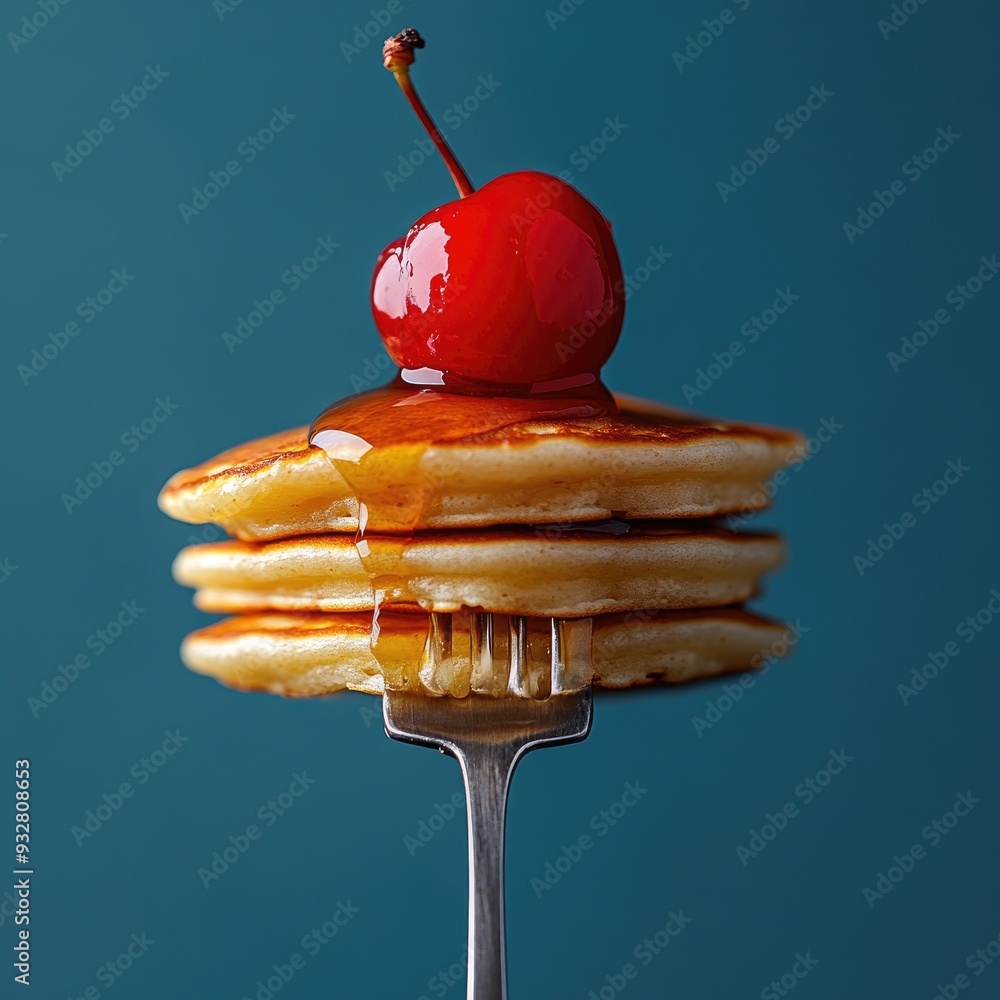 Canvas Prints drizzling maple syrup on stack of pancakes with cherry on top