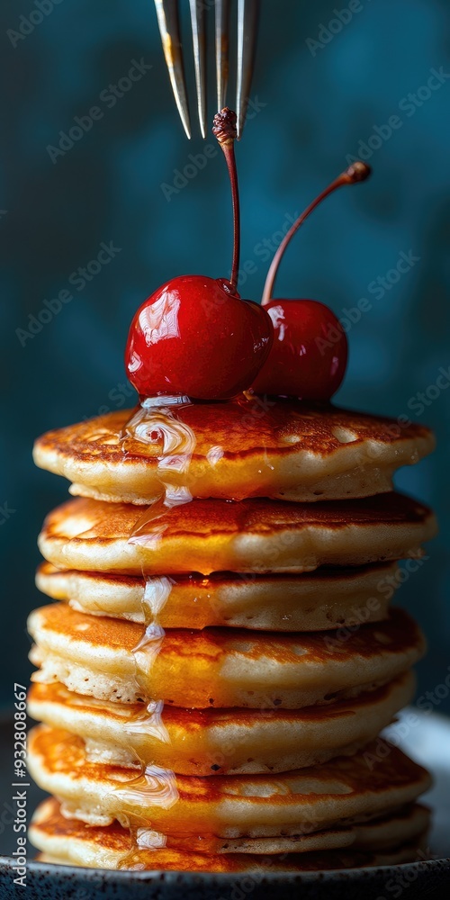Canvas Prints drizzling maple syrup on stack of pancakes with cherry on top