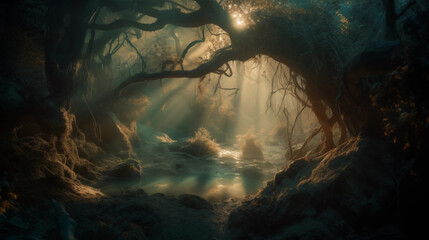 Enchanted forest with glowing trees and mystical creatures