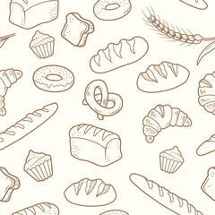 Cake or bakery doodle seamless pattern in cute hand drawn style suitable for background