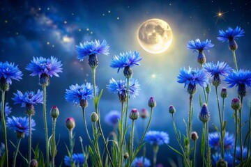 Fototapeta premium * Under the soft moonlight, cornflowers glow with an ethereal light, casting a serene ambiance over the watercolor scenery, transformed by the night's gentle hush.