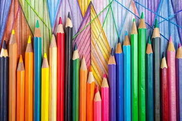 Vertical crayon lines create an ascending abstract composition, evoking a sense of dynamic movement and geometric energy.