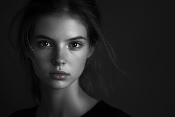 Naklejka premium Portrait of a Young Woman with Freckles and a Serious Expression