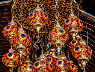 Grand Bazaar, Istanbul, Turkey. Traditional mosaic lamps were in Turkish mosques and tombs. Light represents divine presence and light of Koran.