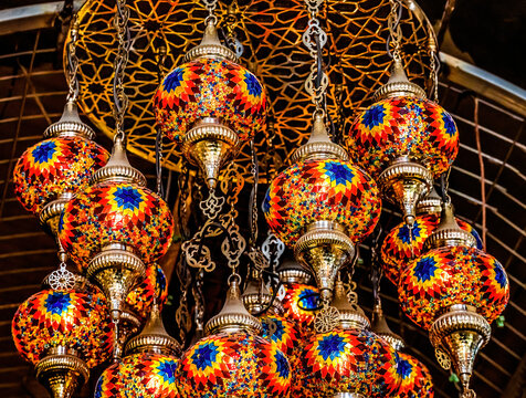 Grand Bazaar, Istanbul, Turkey. Traditional mosaic lamps were in Turkish mosques and tombs. Light represents divine presence and light of Koran.