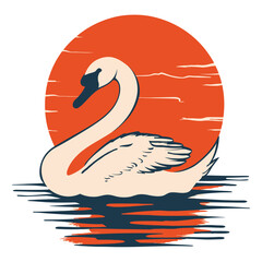Swan Sunset in Japanese Style. Flat Vector Illustration