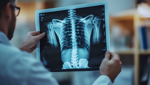 Doctor Examining X-Ray of Patient's Spine, Medical Diagnosis and Treatment, Healthcare Professional