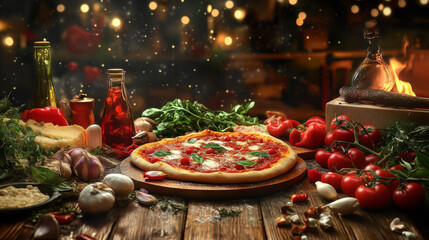 Fototapeta premium “Pizza and its ingredients arranged on a wooden table. The scene includes a freshly baked pizza alongside various ingredients such as tomatoes, mozzarella cheese, herbs, and mushrooms, 