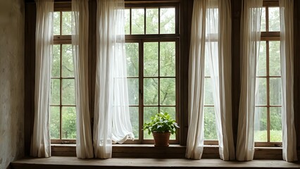 Window with white curtains and plant in a pot on the window sill.